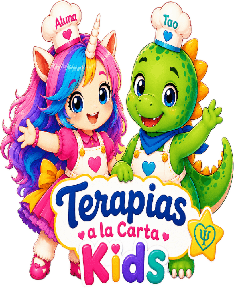 Logo de Terapias a la Carta Kids, con Aluna y Tao vestidos de cocineros