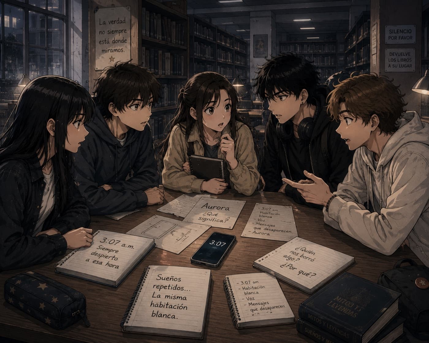 Los cinco reunidos en la biblioteca, alrededor de una mesa llena de notas y cuadernos