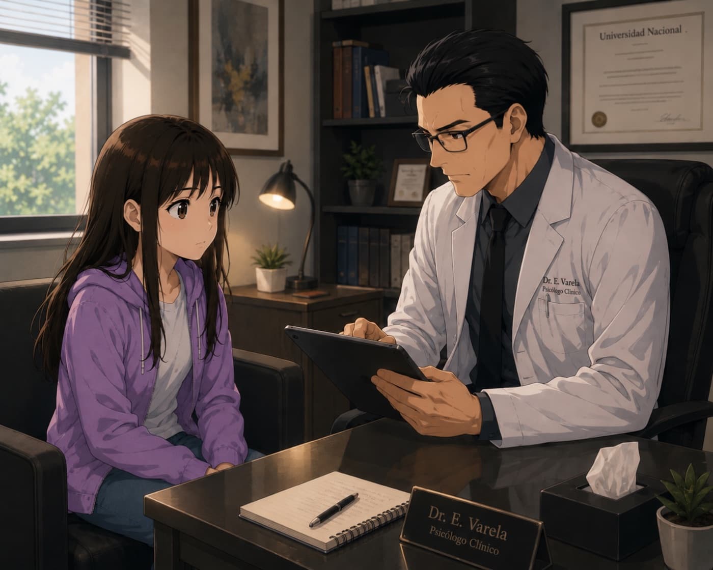 El doctor Varela en su consulta, con una tableta en la mano, frente a una adolescente